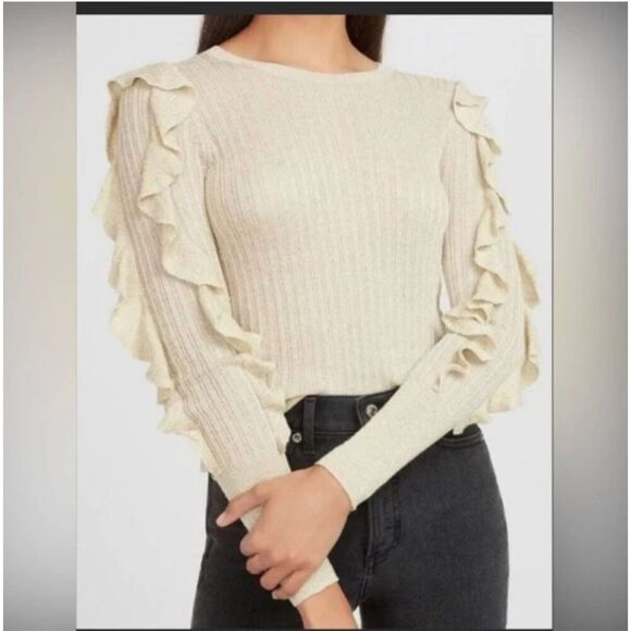 EXPRESS Gold-Tone Ruffle-Sleeve Lightweight Semi-Sheer Sweater Woman's Size XL - Picture 5 of 5